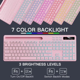 Soueto Wireless Keyboard with 7-Color RGB Backlit, Full-Size Computer Keyboard with Phone Tablet Holder, 2.4G Rechargeable Gaming Keyboard with Light Up Keys, Compatible with Mac, Windows (Pink)