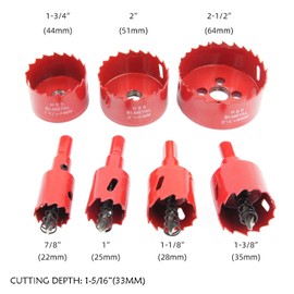 Laiwei Bi-Metal Hole Saw Kit, 7 Pcs 7/8" to 2-1/2" General Purpose Hole Saw Drill Bits, HSS Hole Cutter with Arbor for Wood, Plastic, Drywall, Size(22,25,28,35,44,51,64)