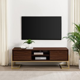 Walker Edison Simone Contemporary Gold-Frame Storage Stand for TVs up to 65 Inches, 60 Inch, Dark Walnut
