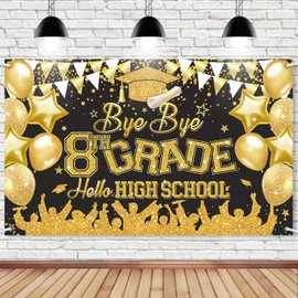 8th Grade Graduation Photo Backdrop, 45.3’’ x 70.8’’ Bye Bye 8TH Grade Hello High School Photo Booth Props Background, 8th Grade Graduation Decorations 2025, 8th Grade Grad Classroom Banner for Party