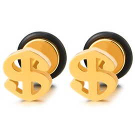 Gold Color US Dollar Sign Stud Earrings, Stainless Steel, Mens(CA)