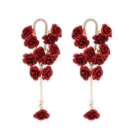 TTPSRY Red Roses Fringe Earrings Vintage Elegance French Style Artistic Jewellery for Women Perfect for Parties Weddings, Alloy Steel