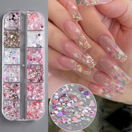 12 Grids Hexagon Heart Glitter Nail Sequins Holographic Mermaid Multi Color Nail Flakes Design Nail Charms 3D Confetti Nail Art Stickers Star Nail Glitter Sequins for Women Manicure Decoration