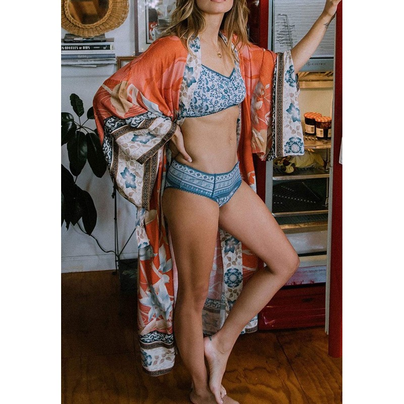 YouKD Damen Baumwoll Cardigan Bohemian Lang Kimono Beach Badeanzug Cover