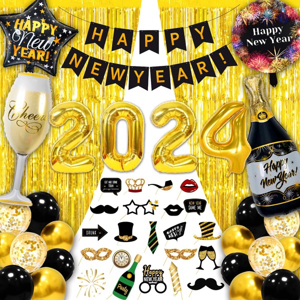 Deco Nouvel An 2024, 57 Pcs Decoration Jour de L'An 2024, Ballons 2024 Géants (32 Pouces), Happy New Year Bannière, Rideaux de Frange, Ballons, Nappe de Fête, Diadèmes, Lunettes, Chapeau de Fête
