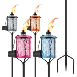 MQKIWAO 4 Pack Glass Citronella Torches, Modern Landscape Lanterns with 3-Prong Grounded Stake, Refillable Flame Light Torch for Garden Yard Patio Party Decor (Colorful)