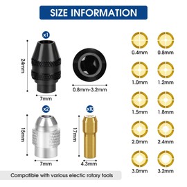 Mooshy Drill Chuck Compatible with Dremel Accessories, Drill Chuck 0.4 mm to 3.2 mm Brass Quick Change Chuck Heads for Black 4486 Drill Chuck Silver 4485 Collets with Box (Pack of 14)