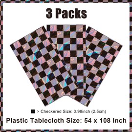 SAJOO 3 Packs Black Checkereed Iridescent Tablecloth 54 x 108 Inch Holographic Foil Table Cloth Shiny Disposable Laser Rectangle Plastic Table Cover for Picnic Camping