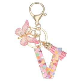 PATIKIL Alphabet Initial Letter Keychain, Resin Cute Keychains with Tassel Butterfly Letter V Pendant Charm for Women Key Purse Handbag Bag Accessories, Pink