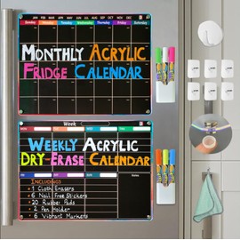 Black Magnetic Calendar for Refrigerator | 2 PCS Dry Erase Acrylic Black Chalkboard Calendars for Fridge with Removable Template Plus 6 Liquid Chalk Markers for Blackboard