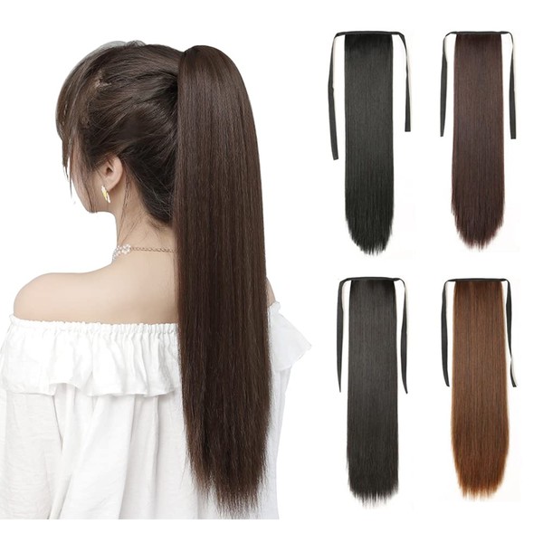 Women's Ponytail Wig, Extension, Long Straight Hair Extension, Natural Point Wig, Heat Resistant, 17.7 inches (45 cm), 21.7 inches (55 cm), Dark Brown, 21.7 inches (55 cm)..