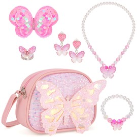 BTHRORO Handbag Girls Jewellery Set, Butterfly Necklaces, Bracelet, Rings, Ear Clips, Hair Ropes, Children's Jewellery, Shoulder Bag, Princess Party, Dressing, Role Play, Birthday Gift, Plastic