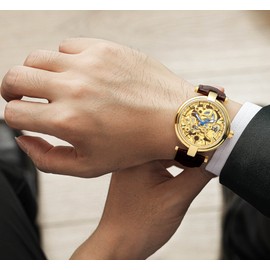 Carlien Skeleton Automatic Steampunk Watches Gold-Tone Luminous Hands Leather Strap Wrist-Watch (Gold)