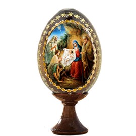 Needzo The Holy Family Nativity Scene Christmas Decoration Wooden Egg with Display Egg Stand 4 1/14 Inch, St Joseph Virgin Mary Jesus Child