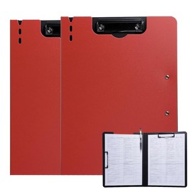 FRETONBA Clipboard Folder, 2 Pcs A4 Foldable Clipboard with Horizontal and Vertical Double Metal Clips, 360 Degree Foldable Binder Clipboard with Pen Holder, File Cover Work Folder Clipboards, Red
