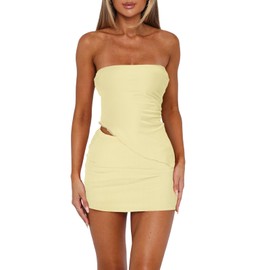 Goafuliy Mini Skirt Sets Women 2 Piece Outfits Strapless Asymmetrical Ruffle Tube Top Y2k Vacation Mini Club Dress Suits Yellow XL