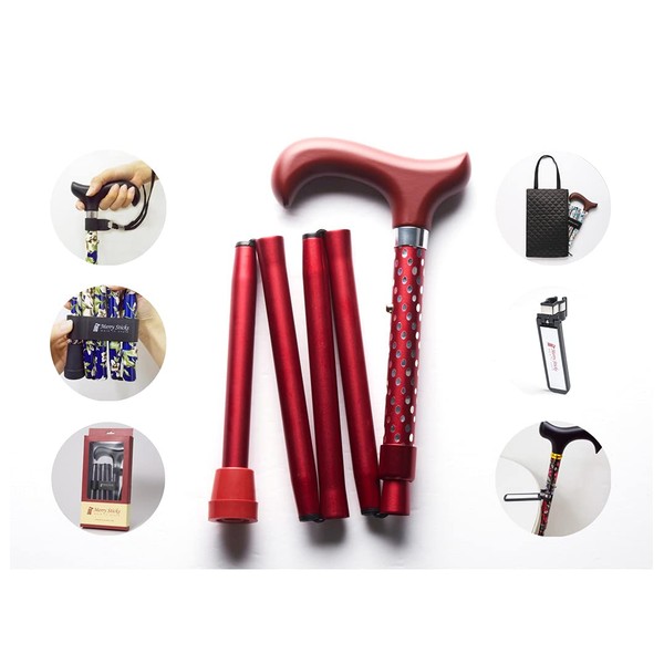 [Combo Set] Merry Sticks Designer Folding Adjustable Walking Cane. Includes a Convenient Cane Bag and a Smart Reflective Cane Holder. Walking Stick, Dazzling Red