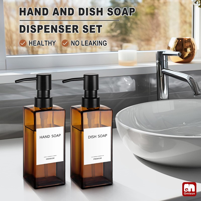 GMISUN Amber Glass Soap Dispenser, 2 Pack Hand Soap Dispenser
