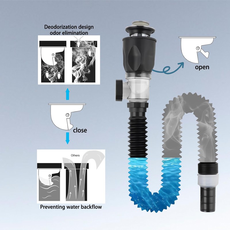 Sink Drain with Flexible Drain Hose, Odour-Proof and Leak-Proof Drain