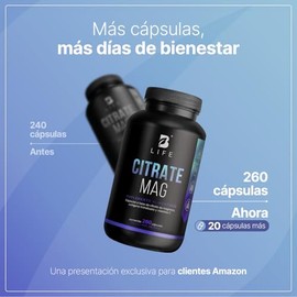 B Life | Citrato de Magnesio Puro | 260 cápsulas | 2400 mg por porción | Alta absorción | Adicionado con Vitamina C y Colágeno | Citrate Mag.