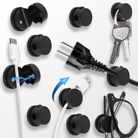 10-Pack 360° Rotatable Magnetic Cord Organizer Clips with Acrylic Adhesive - for Desk, Car, Home & Office | No Residue Springless Design | Strong Hold Cable Management for Chargers & Wires (Black)