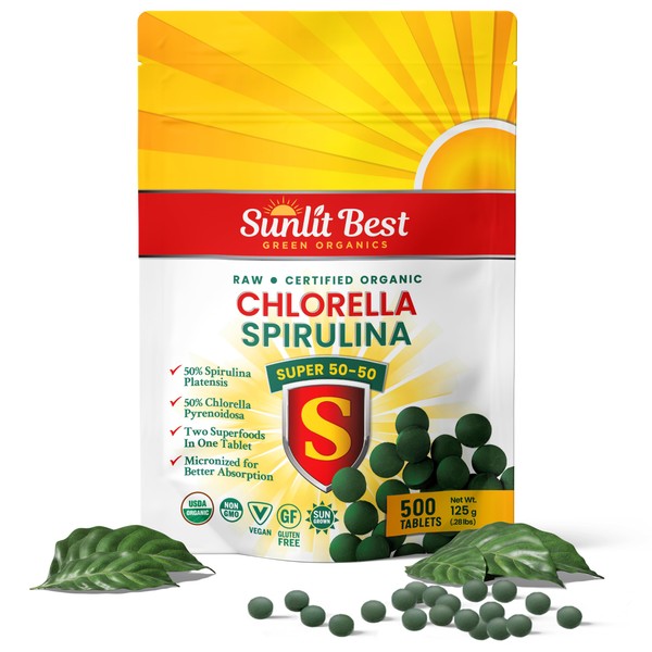 Spirulina Chlorella Cracked Cell Wall Super 50-50 Super-Pack 500 Tablets - Raw Organic Gluten-Free Non-GMO Green Superfood. High Protein, Chlorophyll & nucleic acids. No preservatives, No fillers
