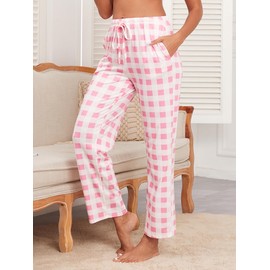 iChunhua Yoga Pants for Women Casual Loose Straight Pj Nightwear Christmas Pajama Pants Pink Plaid S