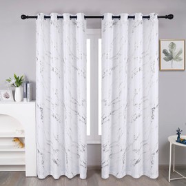Taisier Home Silver Foil Print Linen Textured Curtains Geometric Marble Pattern Design Curtains for Living Room Light Filtering Window Treatment 2 Panels 84" L,White and Silver Curtains Print