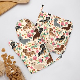 Dachshund Sausage Dogs Pink Flowers Print Oven Mitts and Pot Holders Set Heat Resistant Non-Slip Silicone Mittens with Gloves and Hot Pads Potholders for BBQ Kitchen Baking Cooking, Quilted Liner
