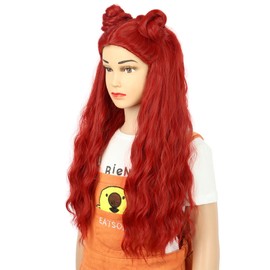 yuehong Long Curly Red Wig Girl Double Buns Anime Wig Cosplay Costume Wig Heat Resistant Synthetic Fibers Wig Breathable Wig