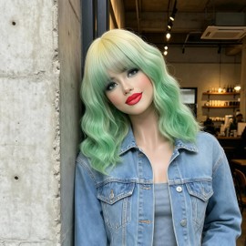 WGPFWIG Short Yellow Ombre Green Wig Short Curly Wavy Wig For Women With Bangs 14 Inch Shoulder Length Flat Bangs Wig For Women Cosplay Party Halloween Wig Cap (Yellow Ombre Green)
