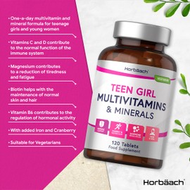 Multivitamins and Minerals for Teen Girls | 120 Tablets | 15 Essential Nutrients for Everyday Health & Wellness | by Horbaach