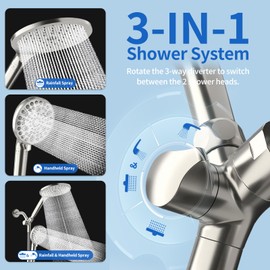 JONKEAN Dual Shower Heads with Handheld Spray Combo, 7.5" Big Filtered Double Shower Head for Hard Water, 9 Modes Waterfall Rain Shower Head High Pressure with Long Hose (Brushed Nickel)