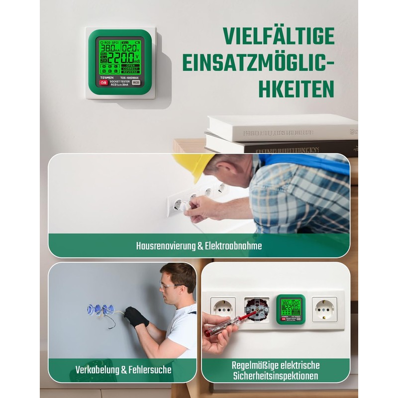 TESMEN TOE-100EMAX Intelligent Socket Tester with GFCI/RCD Trigger Test, LCD