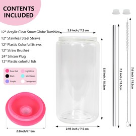 Icesip 16 oz Acrylic Snow Globe Cups Snow Globe Tumbler Double Wall Snowglobe Tumbler with Pre Drilled Hole Clear Plastic Cups with Colorful Lids and Straws for Iced Coffee Boba Juice Soda 12 Pack