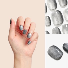 Sun&Beam Nails Handmade Press On Short Round with Silvern Black Cat Eye Design Charm Cute False Nail Tips 10 Pcs (#107 S)