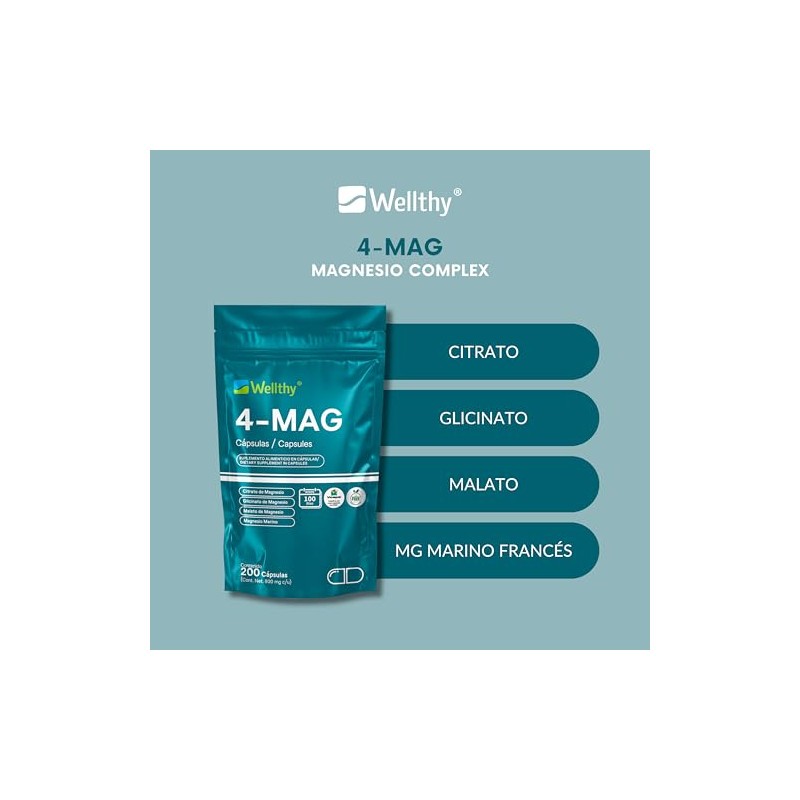 Wellthy Mag Magnesio Complex 200 Cápsulas Equivalente 360mg Citrato Glicinato