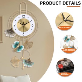 Large Wall Clock for Living Room, Round dial with Golden Green Leaves and Butterfly, Modern Silent Non-ticking Metal Wall Clocks for Kitchen Bedroom Study Office, 12.5x25.5inch (Gold Butterfly&Leaves)