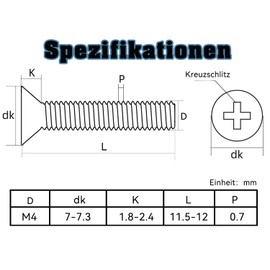 Dayalo Pack of 50 M4 x 12 Countersunk Screws Flat Head Screws Stainless Steel A2 V2A Phillips Fully Threaded Black Oxide