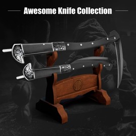 Black Sharp Folding Sickle Knife, Two Section Foldable Scythe Knife, Wooden Handle Folding Scythe Tool with Sophisticated Rose Pattern, Folding Kama Collection with Sheath