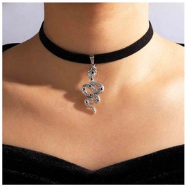 Yheakne Punk Snake Velvet Choker Silver Serpent Pendant Necklace Chain Short Black Velvet Necklace Stretch Ribbon Necklace Gothic Snake Necklace Jewelry for Women and Girls