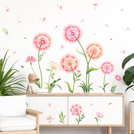 Tanlaby Pink Dandelion Wall Sticker Spring Summer Flower Wall Sticker Flower Grass Plants Wall Decoration for Children's Room Living Room Bedroom Hallway TV Sofa Background