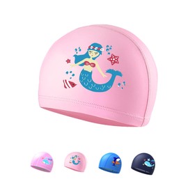 Kids Swimming Cap for Girls 4-9 Years, Swim Hat Boys, PU Material (Pink)
