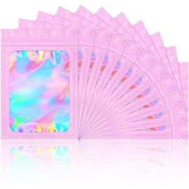 100 Pack Smell Proof Bags- Resealable Mylar Holographic Packaging Pouch Bag with Clear Window for Food Storage Eyelash Jewelry Electronics Storage (Pink, 3.5 x 4.7 Inch)