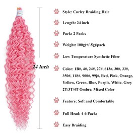 Ai Yuchen Boho Hair for Braiding Pink Curly Braiding Hair for Boho Braids 24 inch 2 Packs Ocean Wave Crochet Hair Boho Curls Water Wave Wet and Wavy Braiding Hair Extensions