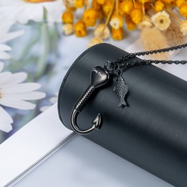 Fishing Hook Urn Necklace for Ashes for Men Memorial Pendant Ashes Necklaces Keepsake Pendant Fish Hook Cremation Jewellery Bereavement Gift (Black)