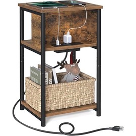 VASAGLE Side Table with Charging Station, 3-Tier End Table with USB Ports and Outlets, Nightstand for Living Room, Bedroom, 11.8 x 13.4 x 22.8 Inches, Plug-in Series, Rustic Brown and Black
