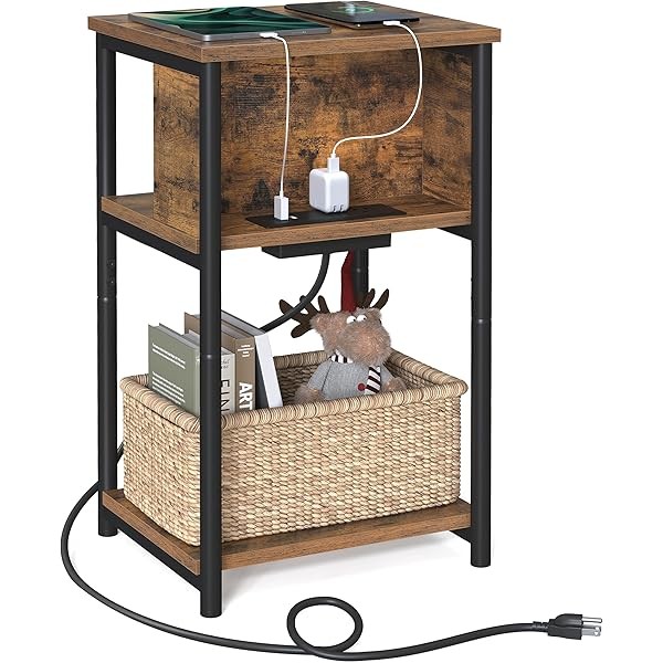 VASAGLE Side Table with Charging Station, 3-Tier End Table with