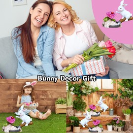 AVEKI Solar Garden Bunny Statue, Outdoor Waterproof Rabbit Resin Figurine with Flower Light, Easter Bunny Statue Decor for Garden Lawn Yard Porch, Funny Rabbit Gifts for Easter Mother's Day (White)