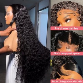 Dianthe 34 Inch 13x6 Deep Wave Lace Front Wigs Human Hair HD Lace frontal Curly Human Hair Wig for Black Women 180% Density Wet and Wavy Glueless Wigs Human hair Pre Plucked with Baby Hair